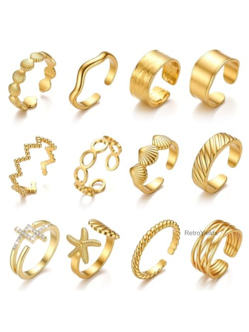Gold Plated Open Toe Rings Set Adjustable Beach Jewelry 12 Pieces